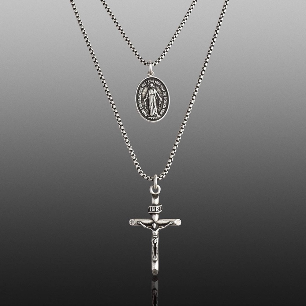 Steve Madden 28" Chain Cross and MarieConcue Sans Oval Medallion Duo Pendant NEW